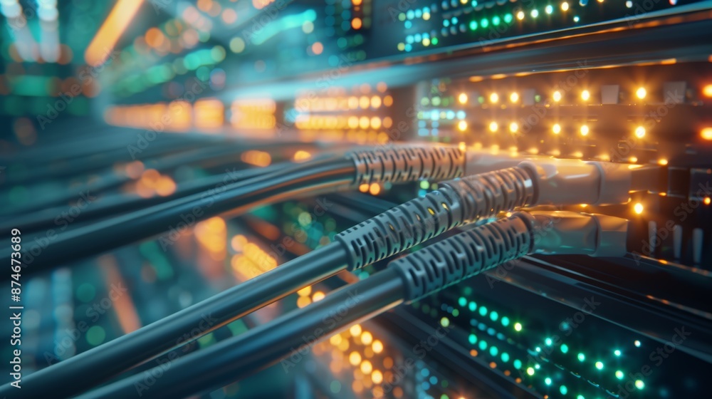 Close-up of network cables connected to a server rack in a data center. The cables are glowing with light, symbolizing the flow of information. Close-up of network cables connected to a server rack in a data center. The cables are glowing with light, symbolizing the flow of information.