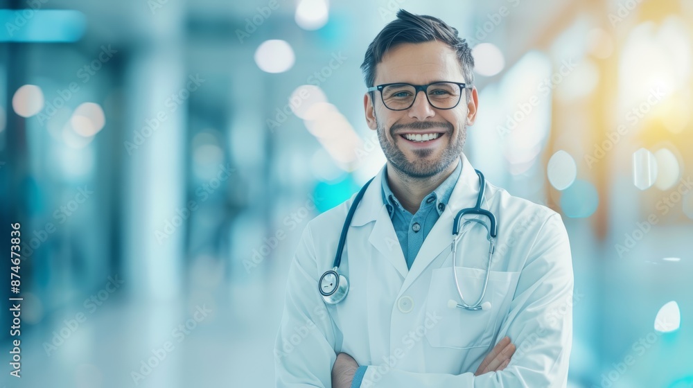 Smiling doctor in white coat and stethoscope, standing in a modern hospital hallway. Smiling doctor in white coat and stethoscope, standing in a modern hospital hallway.