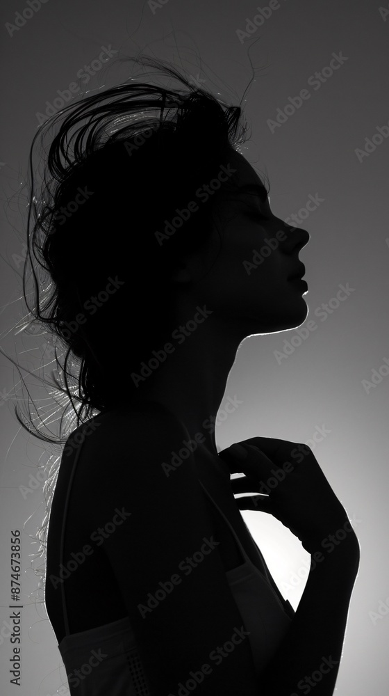 Silhouette woman placing her hand over her heart conveying sincerity and emotion in a simple elegant silhouette Silhouette woman placing her hand over her heart conveying sincerity and emotion in a simple elegant silhouette