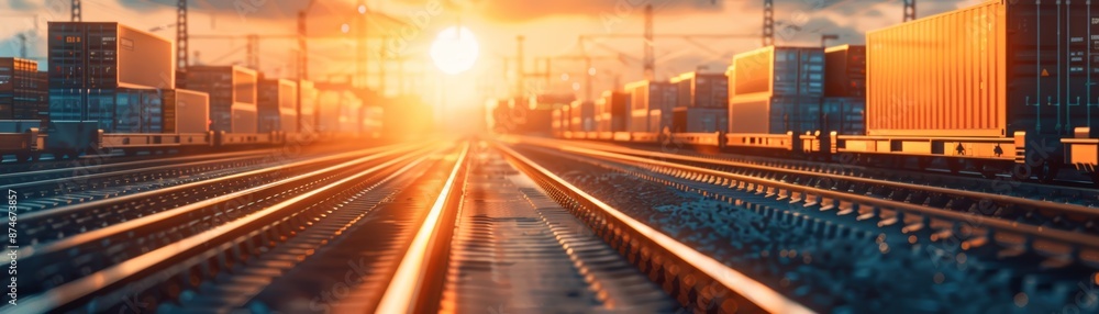 Train tracks vanishing into a bright sunset over a city skyline. Train tracks vanishing into a bright sunset over a city skyline.