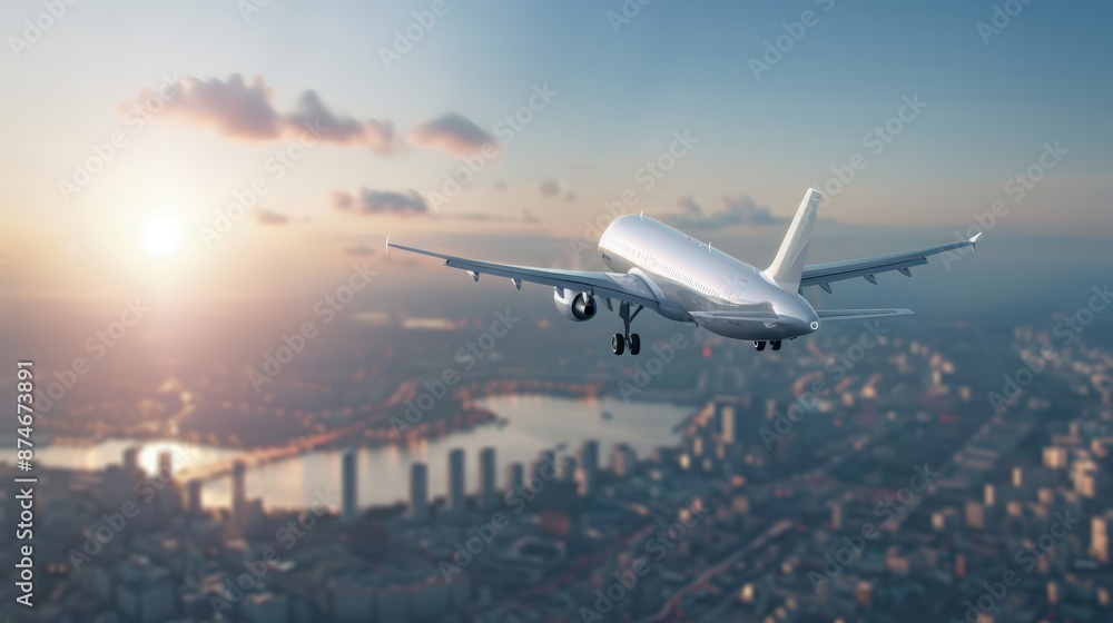 A commercial airplane flies over a city at sunset A commercial airplane flies over a city at sunset