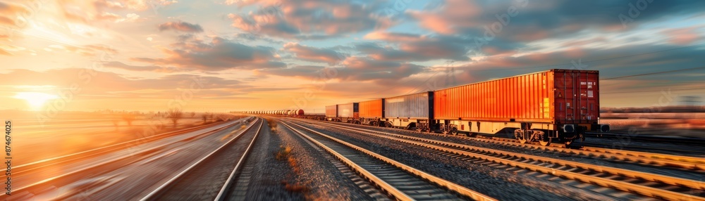 A train carrying cargo containers moves towards the setting sun. A train carrying cargo containers moves towards the setting sun.