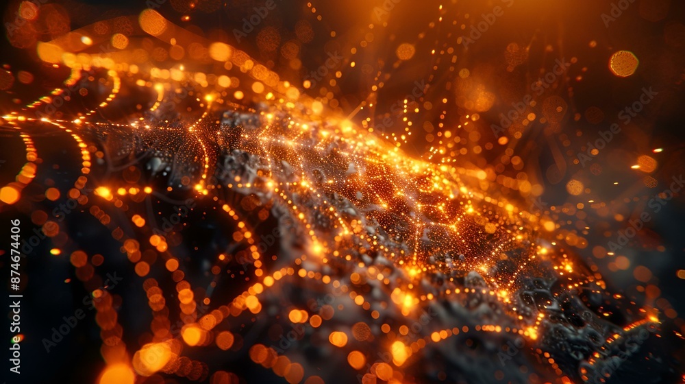 Bright orange web with glowing lights, creating a mesmerizing effect. Bright orange web with glowing lights, creating a mesmerizing effect.