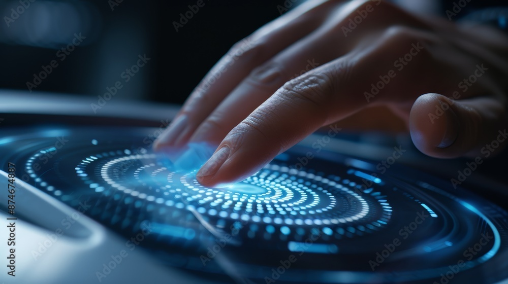 Experience the integration of safety and technology with a close-up of a finger engaging with a high-tech security device. Experience the integration of safety and technology with a close-up of a finger engaging with a high-tech security device.