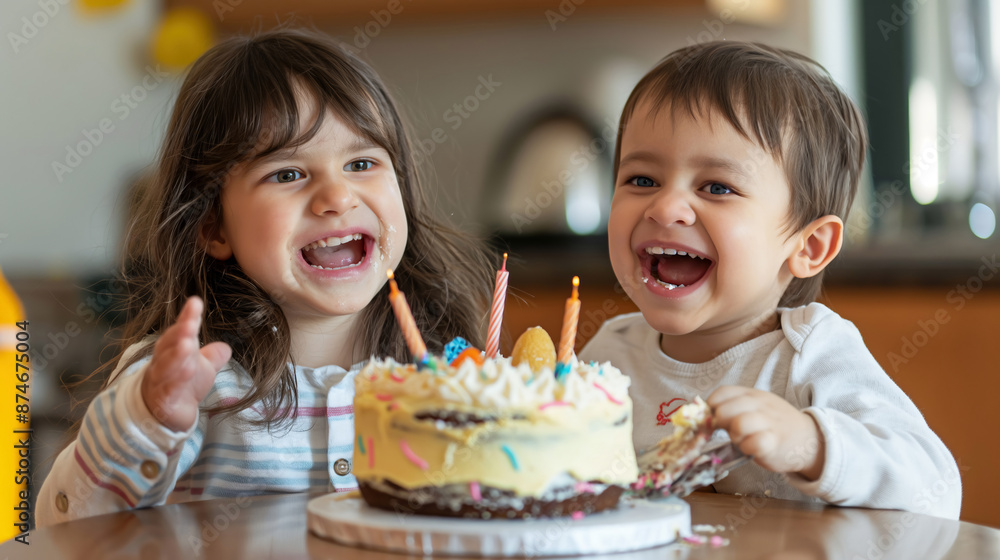 two kids enjoy eating birthday cake cheerfully. two kids enjoy eating birthday cake cheerfully.