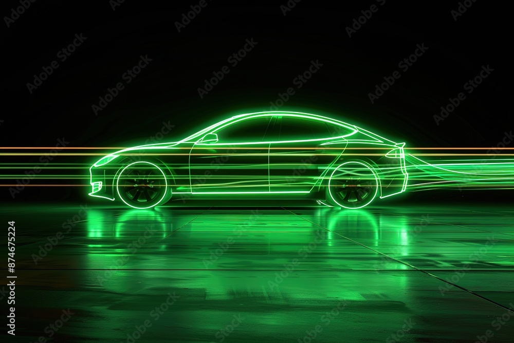 Green light streaks form shape of an electric car on a dark background Green light streaks form shape of an electric car on a dark background