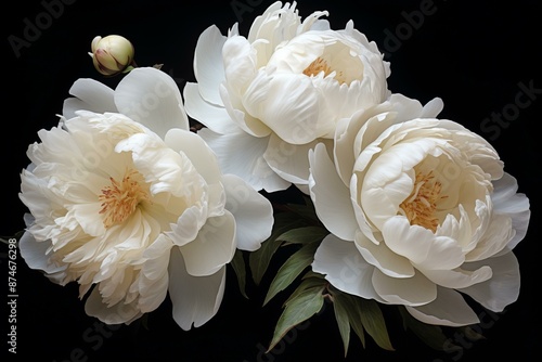 Fototapeta Naklejka Na Ścianę i Meble -  Three stunning white peonies in full bloom against a contrasting dark backdrop