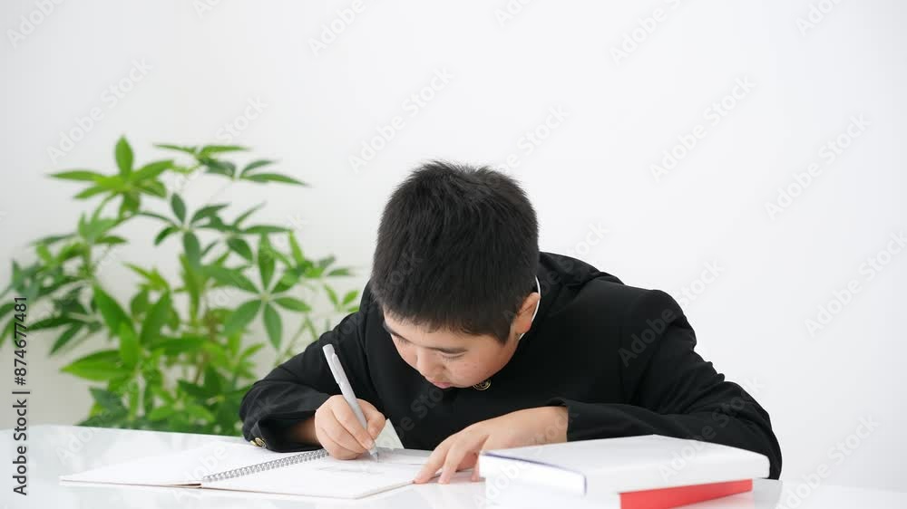 学ランを着て勉強する男子学生 学ランを着て勉強する男子学生