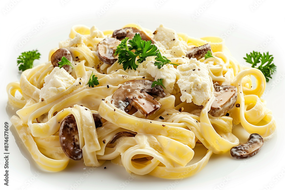 Fettucine with mushrooms and creamy ricotta cheese served on a white plate Fettucine with mushrooms and creamy ricotta cheese served on a white plate