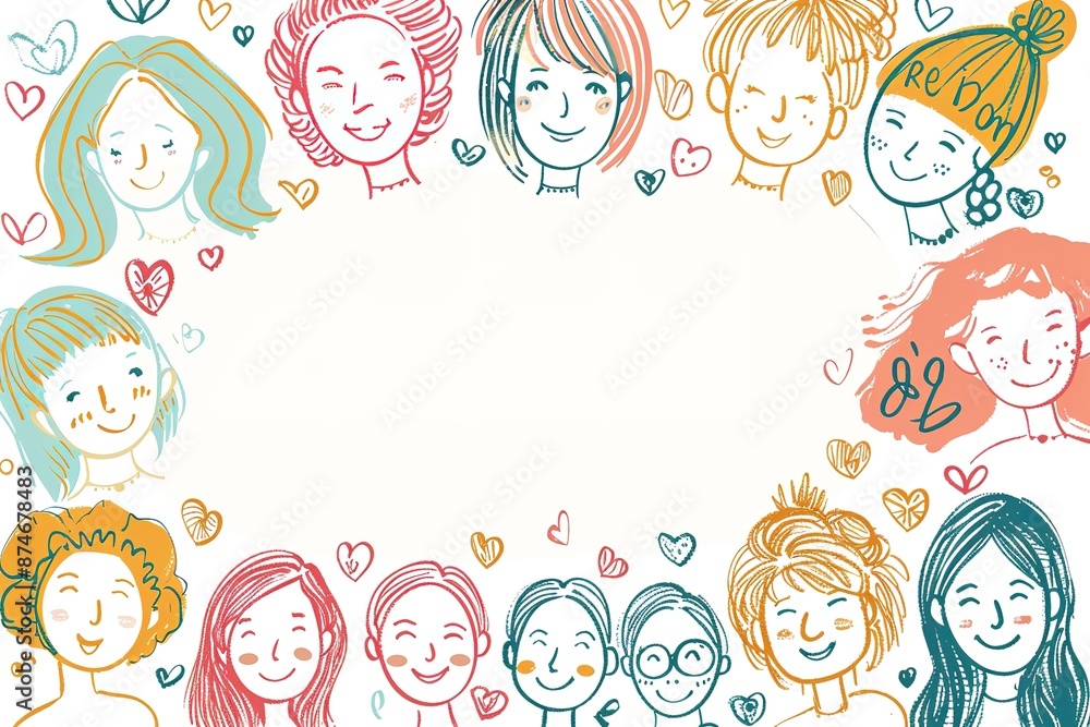 line art illustration of a simple doodle, hand drawn in a minimalist cartoon style for a women's day card design in the center on a background line art illustration of a simple doodle, hand drawn in a minimalist cartoon style for a women's day card design in the center on a background