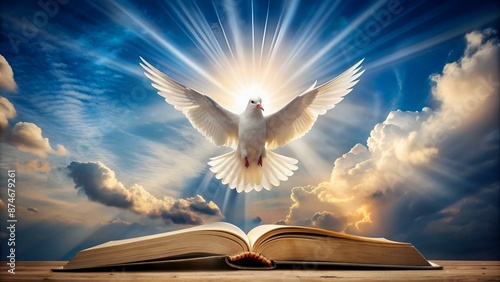 The white dove is a symbol of the holy spirit that descended from heaven over the open Bible. Generative AI photo