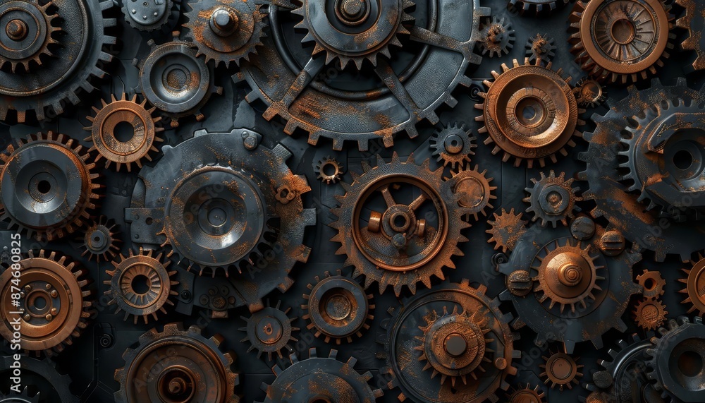 An abstract pattern of interlocking gears and cogs, rendered in a steampunk style An abstract pattern of interlocking gears and cogs, rendered in a steampunk style