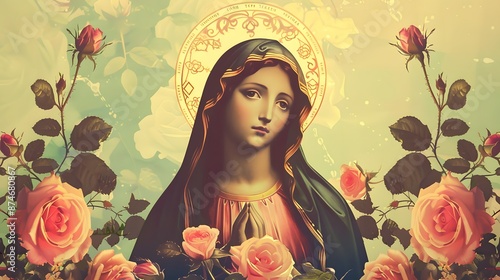 Old school vintage illustration. Portrait of Mother Mary with roses. Marian imagery.