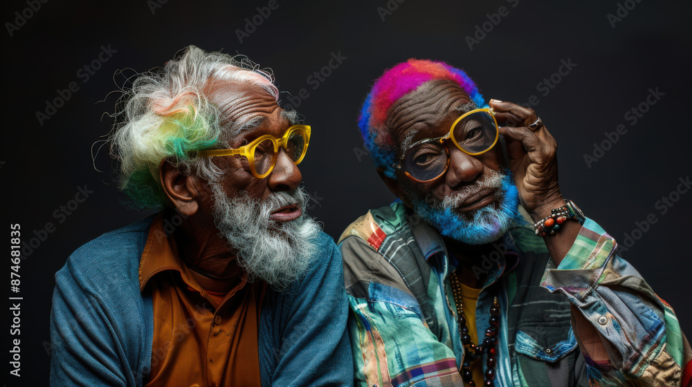 Two old black men with multicolored hair and glasses are sitting next to each other. An elderly gay couple on a black background. The concept of relationships Two old black men with multicolored hair and glasses are sitting next to each other. An elderly gay couple on a black background. The concept of relationships