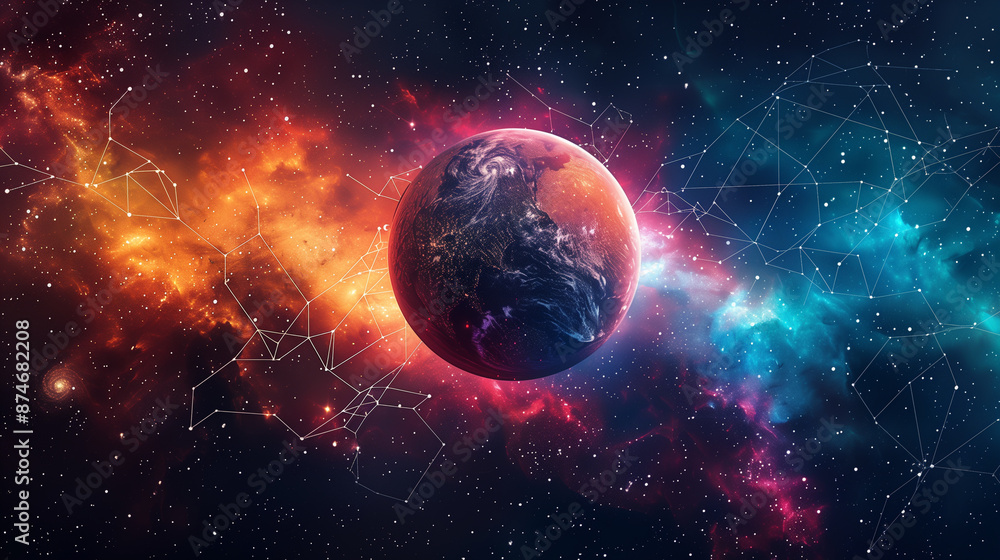 The globe is surrounded by a network that creates a sense of connectedness and unity The globe is surrounded by a network that creates a sense of connectedness and unity