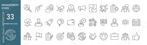 Set of editable linear icons on the topic of management in a modern style. Vector collection for web and mobile apps with an image on the topic of business, organization, functionality, teamwork