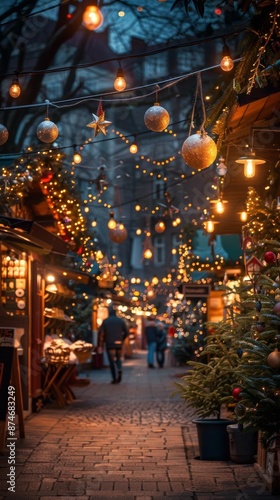 Wallpaper Mural A city skyline at night, illuminated with Christmas lights and decorations, with snow gently falling and a large Christmas tree in a central square Torontodigital.ca