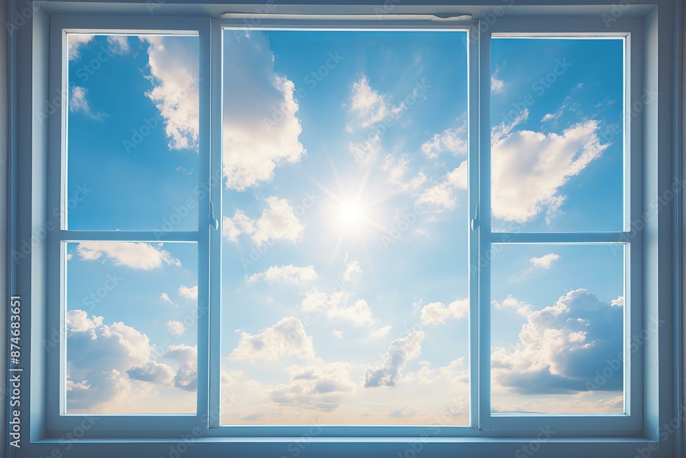Gorgeous view of a clear blue sky with sun flares seen through an open window Gorgeous view of a clear blue sky with sun flares seen through an open window