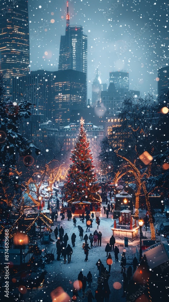 Fototapeta premium A city skyline at night, illuminated with Christmas lights and decorations, with snow gently falling and a large Christmas tree in a central square