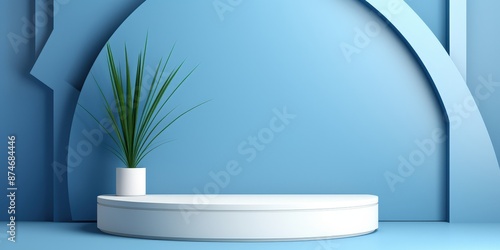 Minimalistic blue podium with a potted plant for product display © Nice Seven