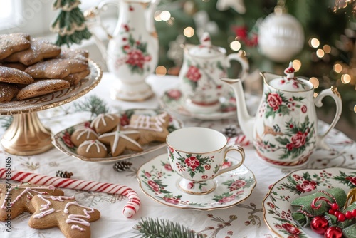 A whimsical Christmas tea party setup with a festive tablecloth, vintage tea set, and holiday-themed treats like gingerbread cookies and candy canes 