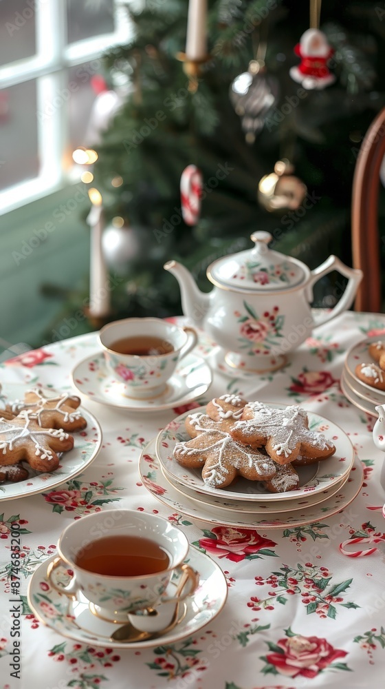 A whimsical Christmas tea party setup with a festive tablecloth, vintage tea set, and holiday-themed treats like gingerbread cookies and candy canes A whimsical Christmas tea party setup with a festive tablecloth, vintage tea set, and holiday-themed treats like gingerbread cookies and candy canes