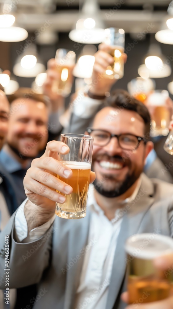 Business professionals celebrating with beer at a social event, raising their glasses in a cheerful toast. Business professionals celebrating with beer at a social event, raising their glasses in a cheerful toast.
