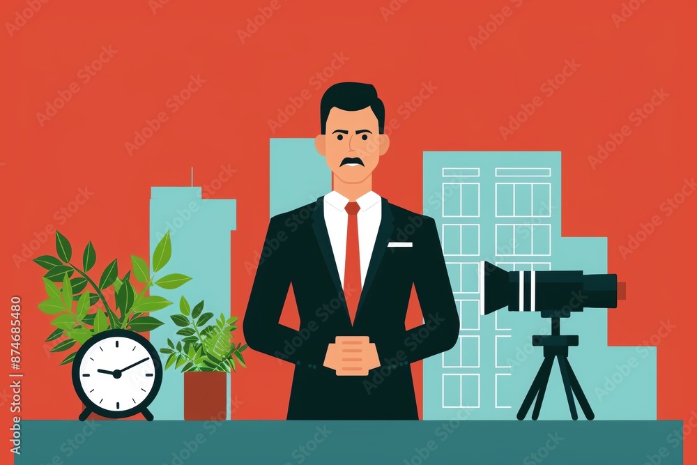 Businessman in suit standing at office desk with clock, plant, and camera in background, red background, cityscape view. Businessman in suit standing at office desk with clock, plant, and camera in background, red background, cityscape view.