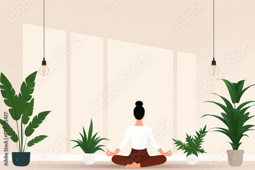 Woman meditating at home surrounded by indoor plants, creating a peaceful and serene ambiance for relaxation and mindfulness.