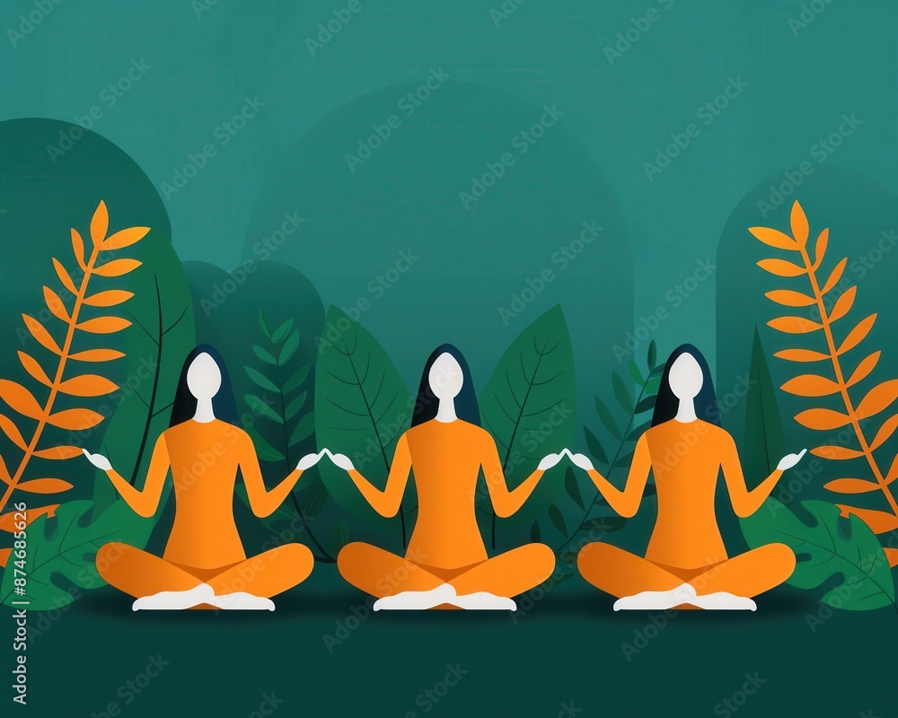 of three people meditating in nature, surrounded by green leaves and a serene environment, promoting peace and mindfulness. of three people meditating in nature, surrounded by green leaves and a serene environment, promoting peace and mindfulness.