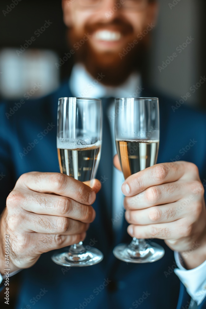 Man in a suit holding two champagne glasses for a celebration, close-up of hands and glasses. Man in a suit holding two champagne glasses for a celebration, close-up of hands and glasses.