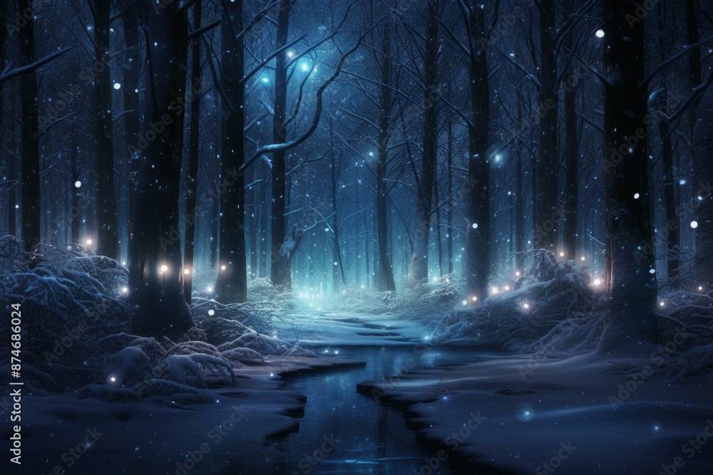 Magical snowy forest with twinkling stars and serene stream under a night sky Magical snowy forest with twinkling stars and serene stream under a night sky