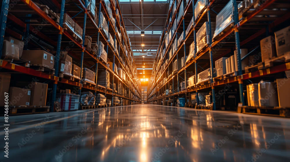 Fototapeta premium Spacious warehouse aisle with shelves containing various products at sunset.