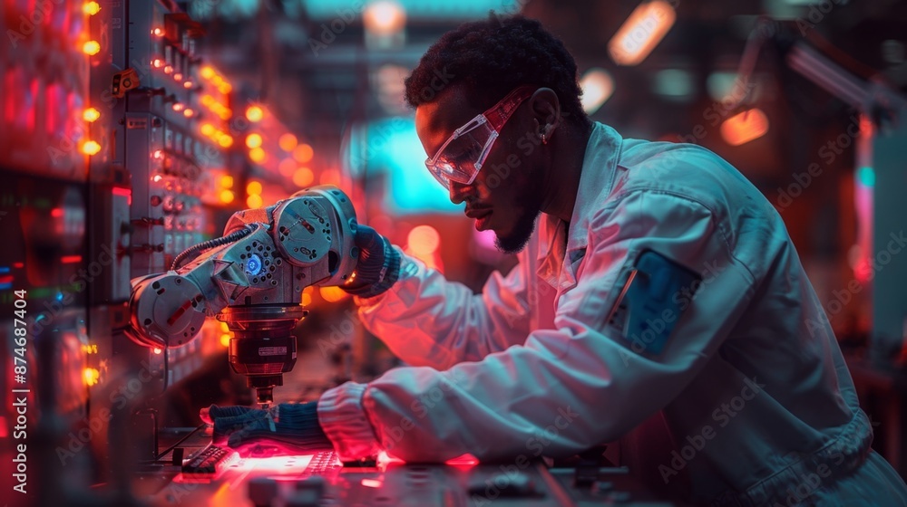 Obraz premium High-Tech Engineer Working on Robotics in Futuristic Lab - Generative AI