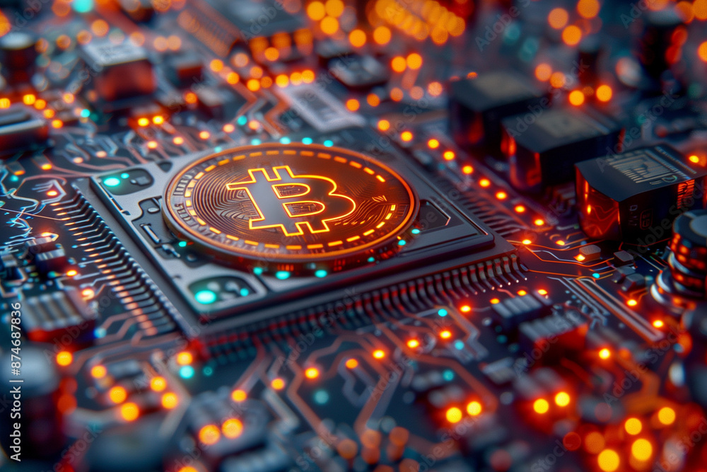 Fototapeta premium Cryptocurrency with Bitcoin symbol integrated into futuristic digital circuit board design