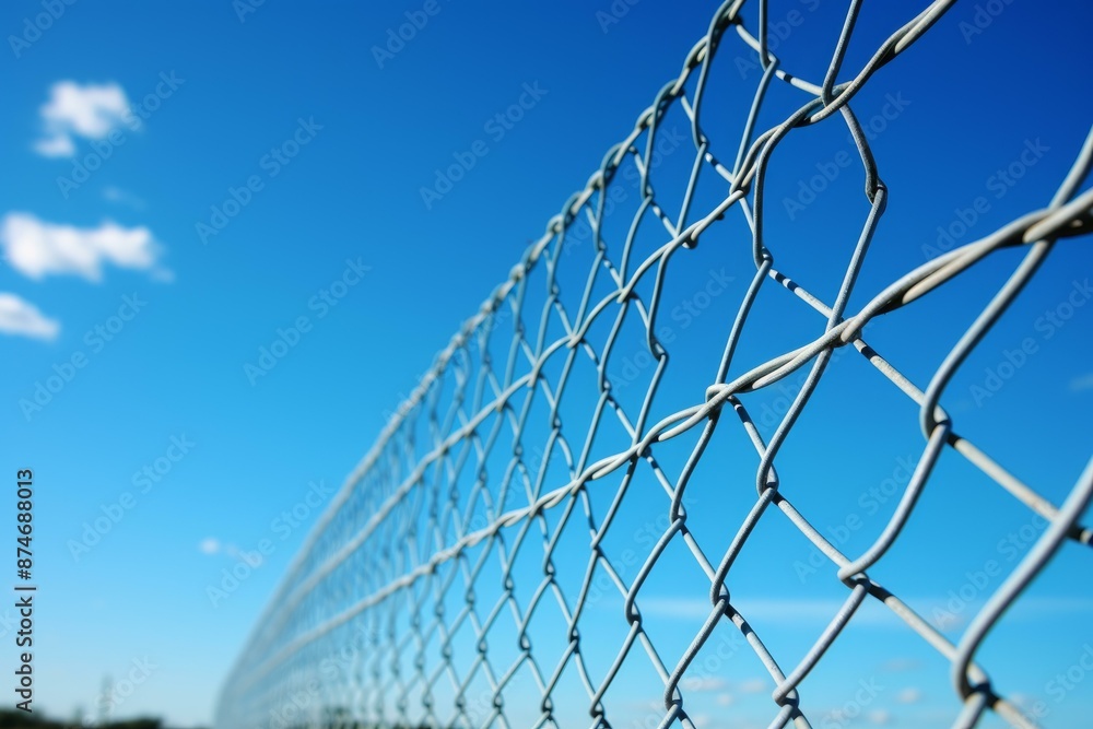 Close-up of a chain-link fence with a bright blue sky backdrop, conveying freedom limitations Close-up of a chain-link fence with a bright blue sky backdrop, conveying freedom limitations