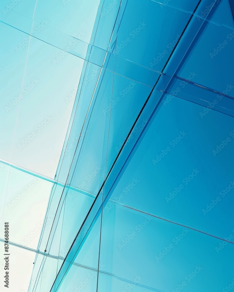 Fototapeta premium Sky Blue Hue Minimalistic Glass architecture in a Modern Atmosphere, future smart office, business concept, Graphic Resources, Wallpapers, Brochure, Websites, banner design, Advertising, background