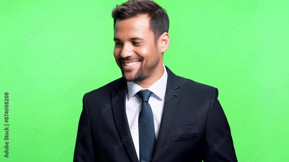 Male businessman takes a photo in the green background of the studio. Male businessman takes a photo in the green background of the studio.