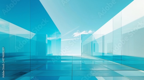 Sky Blue Hue Minimalistic Glass architecture in a Modern Atmosphere, future smart office, business concept, Graphic Resources, Wallpapers, Brochure, Websites, banner design, Advertising, background © Di
