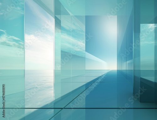 Sky Blue Hue Minimalistic Glass architecture in a Modern Atmosphere, future smart office, business concept, Graphic Resources, Wallpapers, Brochure, Websites, banner design, Advertising, background © Di