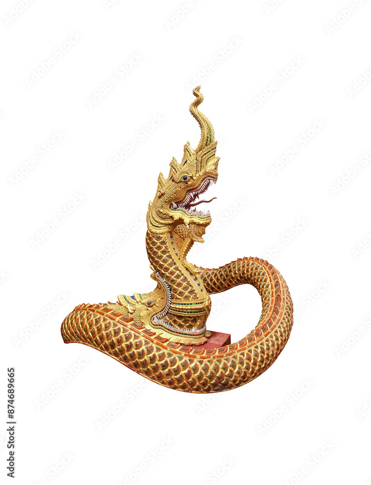 Fototapeta premium Naga stucco head and tail gold brown texture isolated on white background , clipping path