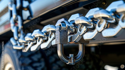 View of a trucks bedmounted tow hook revealing its dualpivot mechanism and sy chain connection. photo