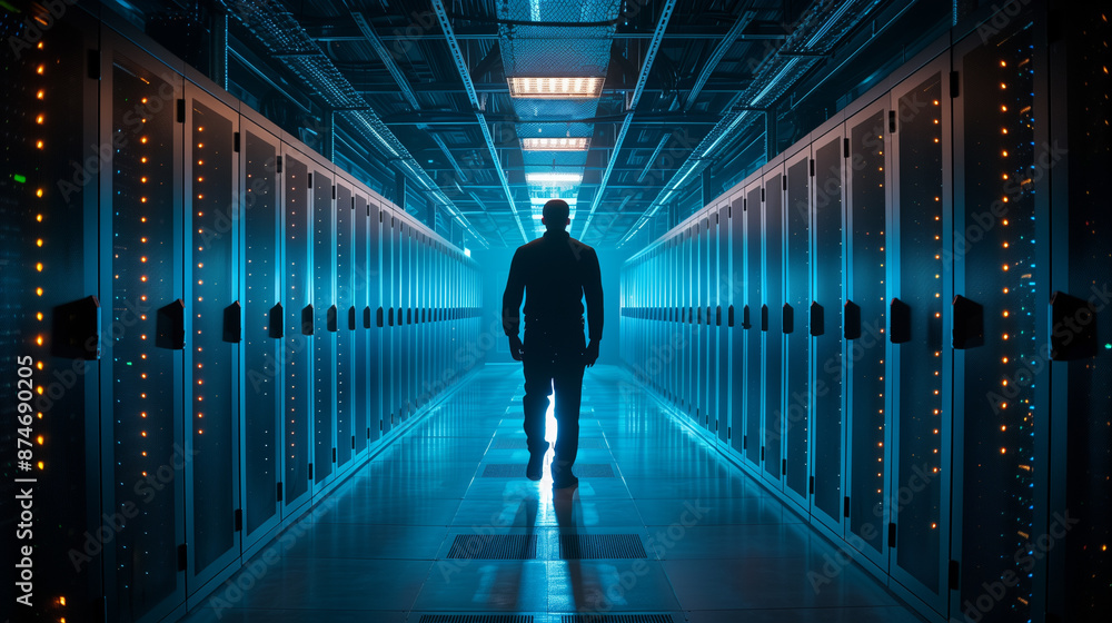 Silhouette of a person standing in the hallway of a futuristic data center with blue light Silhouette of a person standing in the hallway of a futuristic data center with blue light