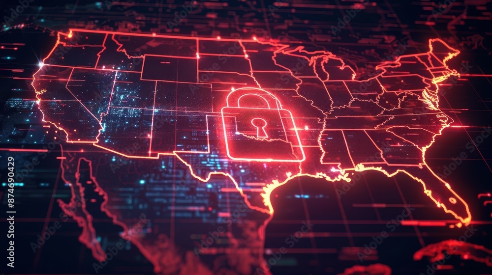 United States map with a glowing padlock symbol overlay, representing cybersecurity and data protection, against a dark background with red highlights, plenty of copy space United States map with a glowing padlock symbol overlay, representing cybersecurity and data protection, against a dark background with red highlights, plenty of copy space