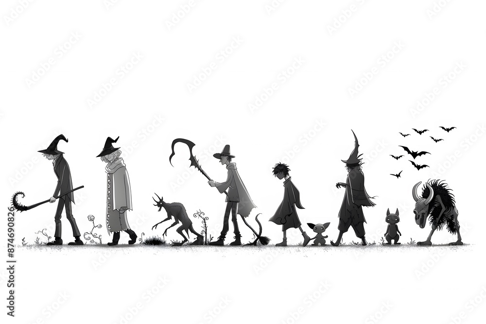 A whimsical parade of witches, creatures, and monsters in silhouette on a white background. A whimsical parade of witches, creatures, and monsters in silhouette on a white background.