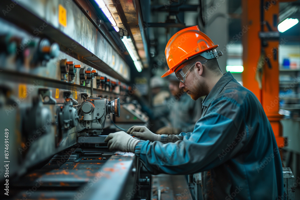 Skilled individuals operate various machines in an industry Skilled individuals operate various machines in an industry