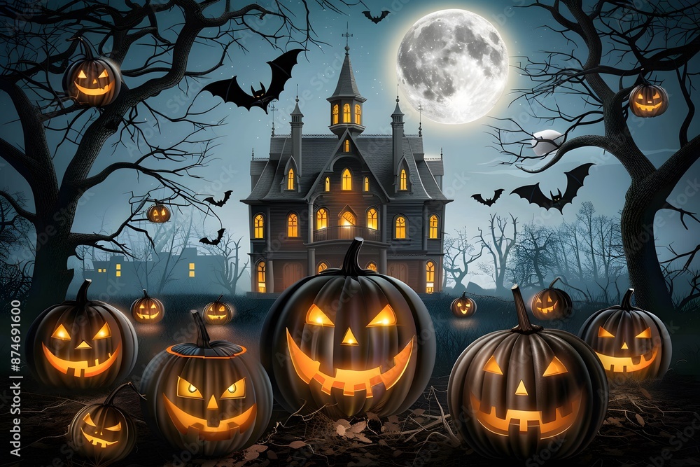 Spooky Halloween night with illuminated jack-o'-lanterns, haunted house, full moon, and flying bats. Spooky Halloween night with illuminated jack-o'-lanterns, haunted house, full moon, and flying bats.