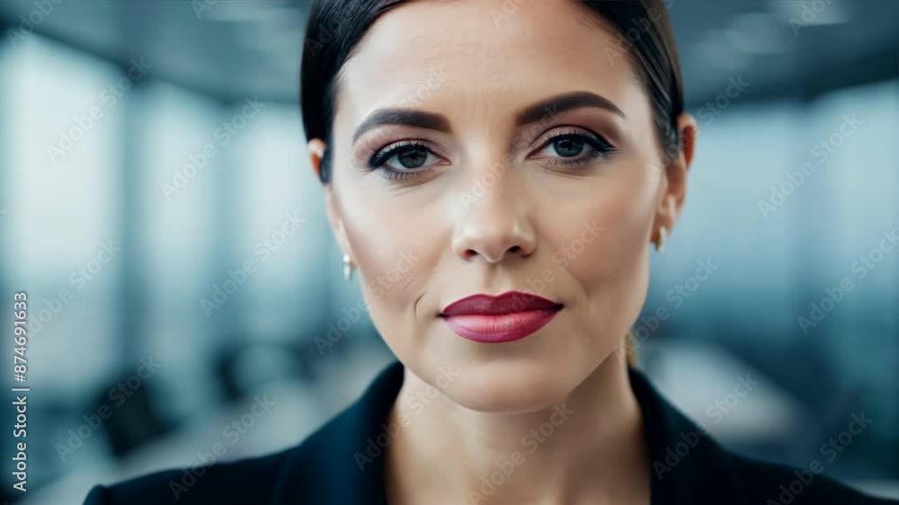 Close-up portrait of a smiling businesswoman with styled hair, looking confident in a modern office Close-up portrait of a smiling businesswoman with styled hair, looking confident in a modern office