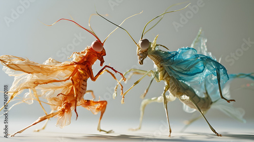 Two transparent, colorful insect-like creatures face each other, one in red-orange hues and the other in blue-green hues. photo