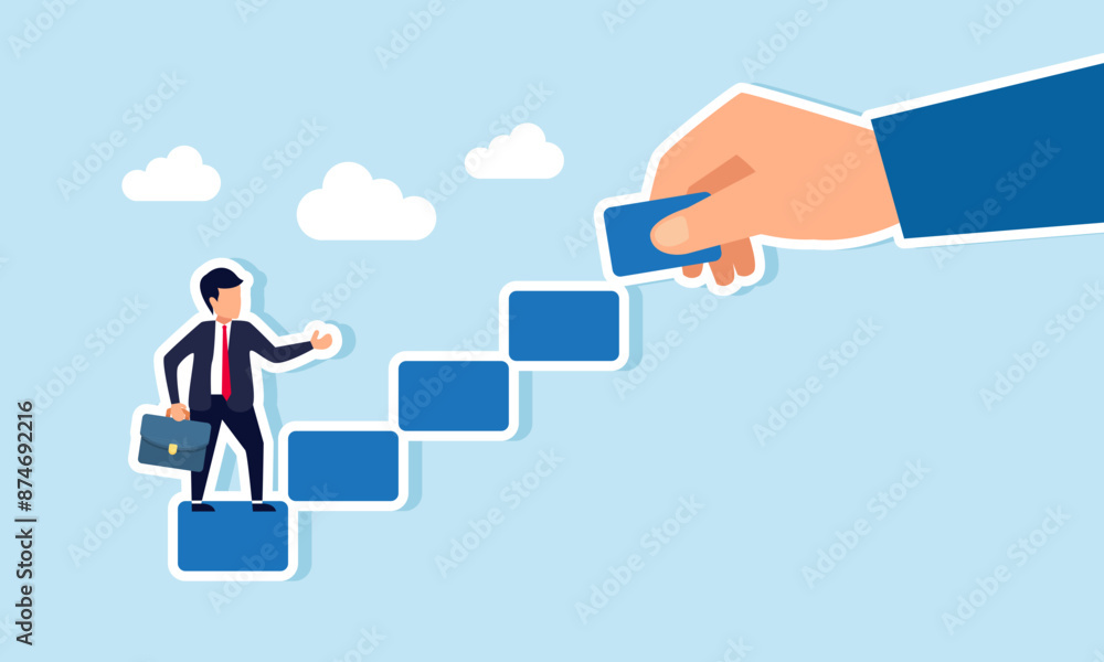 A helping hand supports career development, climbing the staircase to success, concept of A confident businessman in a suit walks with ambition on wooden stairs, helped a human hand creating stairway A helping hand supports career development, climbing the staircase to success, concept of A confident businessman in a suit walks with ambition on wooden stairs, helped a human hand creating stairway